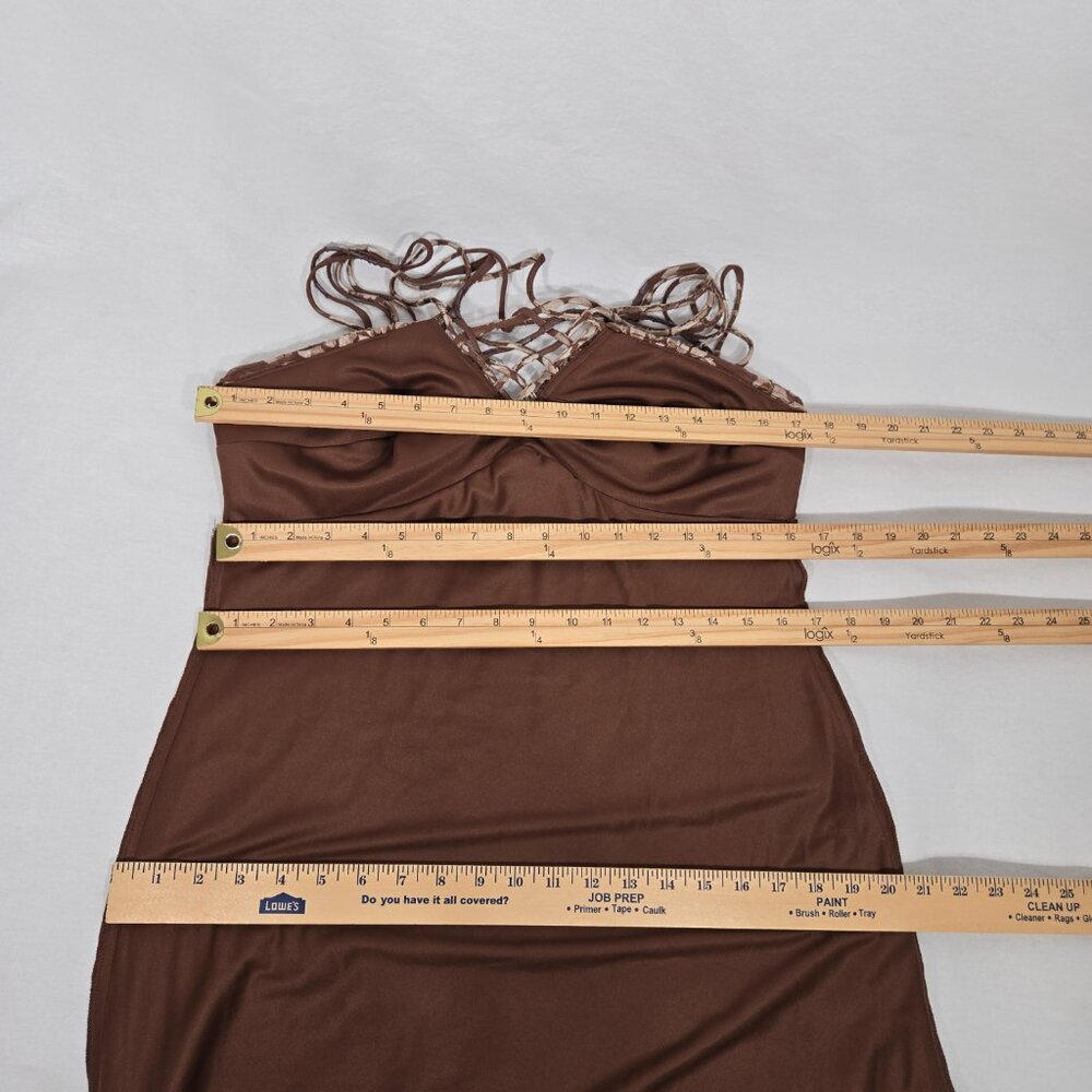 Vintage S.L.Fashions Y2K Steampunk Whimsigoth BROWN Babydoll Midi Dress Size 12. - Picture 16 of 17